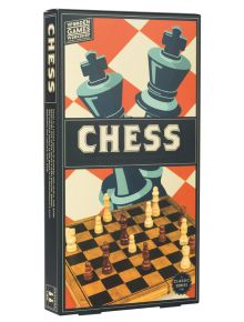 Правоъгълна кутия от комплект шахматни фигури с надпис CHESS е с големи илюстрирани шахматни фигури и шахматна дъска отпред. На опаковката на тази логическа игра са видими брандовете Wooden Games Workshop, Classic Series и Professor Puzzle.