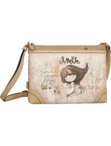 Дамска чанта Anekke в бежово с кафяви ръбове, илюстрация на момиче с книга и надписи "Anekke" и "Memories inspire future". 