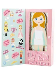 Дървена кукла за преобличане Floss & Rock, Magnetic Dress up Doll - Elsie има кукла от анимационен филм с магнитни дрехи и забавни фрази като "Готова съм за лягане" и "Да отидем да пазаруваме днес" за творческа игра с преобличане.