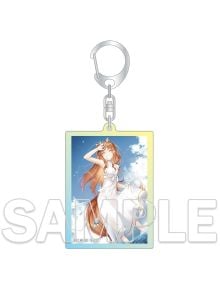 Акрилен ключодържател Spice and Wolf с аниме момиче с дълга кестенява коса и лисичи уши в бяла рокля под синьо небе. Надпис SAMPLE. Идеален подарък за фенове на анимето!.