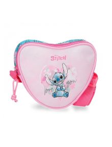 A Stitch Heart детска чанта за през рамо във формата на сърце, с картинка на Дисни'с Stitch, обкръжен от бели цветя и надпис "обичам те". Чантата има розова регулируема дръжка и сини ципове.