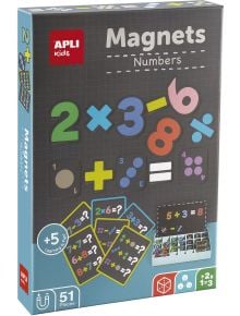 Кутия с Детска магнитна игра Apli Kids - Цифри: цветни магнити с числа и знаци върху черен фон, включващи карти със задачи. Подходящо за деца 5+, съдържа 51 части.