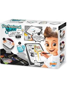 Кутия с комплект Детски комплект Buki Professional Studio Light Pad за изкуство на възраст над 8 години, изобразяващ дете, което рисува аниме комикси, с пособия за рисуване, цветни моливи, шаблони и инструкции - предлага се в книжарница Orange.