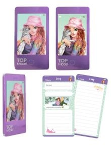 На изображението е показан лилав ноутбук Top Model, оформен като смартфон, от книжарница Orange. С изображение на момиче с розова шапка, което държи сиво коте, този джобно тефтерче предлага илюстрирани страници за писане на бележки и чат.