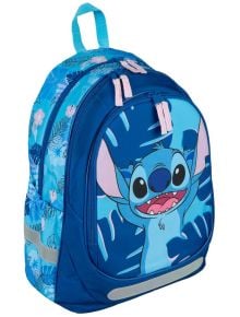 Синя ергономична ученическа раница Undercover Lilo &amp; Stitch, налична в книжарница Orange, с голямо изображение на Stitch на предния джоб, тропически флорални мотиви отстрани и светлосини ципове.