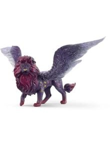 Фигурка Schleich: Лунен лъв е ръчно рисувана с тъмновиолетова козина, бордова грива и големи крила преливащи от лилаво към брокатено сребристо, със звездни шарки и ефект "свети в тъмното".