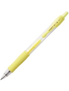 Гел химикалка Pilot Pastel G2 - 07, жълта с прозрачен корпус, жълта дръжка, клипс и прибиращ се връх. Тази жълта писалка е изобразена под лек ъгъл на бял фон.