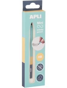 Графичен молив Apli Infinite Mini - Blue се предлага в правоъгълна кутия в пастелно синьо и жълто с прозрачно прозорче, на което се вижда изтриваемият молив с дълъг живот, предназначен за безкрайно писане.