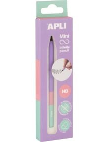 Графитен молив Apli Infinite Mini - Mauve е лилаво-зелен графитен молив в опаковка с ръка, която рисува вълнообразна линия, плюс икони, показващи, че не се нуждае от заточване и е лесен за изтриване.