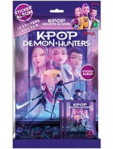 На корицата на пакета „KPop Demon Hunters“ – албум + стикери са изобразени анимирани K-pop звезди в футуристични тоалети, подчертани от ярки лилави и розови нюанси. Опаковката включва привличащи погледа стикери и графики за албума със стикери, като логото