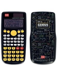 Калкулатор Legami - Разчитай на мен - Genius има черна, жълта и бяла клавиатура с цифров дисплей. В нейния калъф, представляващ забавен училищен аксесоар, са изобразени цветни математически формули и фразата "Аз съм неразбран гений.