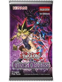 Игрални карти Yu-Gi-Oh! Chaos Origin Booster, 1-во издание, с запомнящ се дизайн – герои с изправяща се коса и тъмни доспехи в лилаво-червено, официално брандирани с Yu-Gi-Oh Trading Card Game.