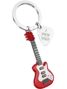 Ключодържател Metalmorphose - Electric Guitar: метален ключодържател с червено-бяла електрическа китара и сребърно перце, гравирано с "I PICK YOU!"-перфектен подарък за музиканти.