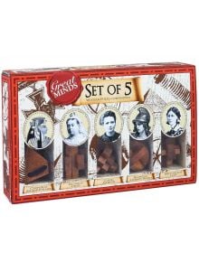 Комплектът 3D пъзели Professor Puzzle Great Minds - Жени съдържа 5 логически дървени пъзела с различна форма и име, в червено-кремава кутия с портрети на велики мислители.
