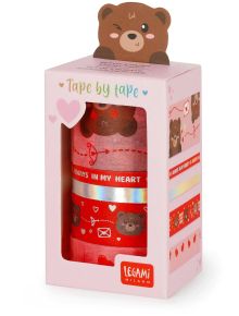 Комплектно тиксо Legami - Teddy Bear: три ленти с мечета и любовна тематика в розовата кутия с мечешка илюстрация, идеални за DIY проекти.