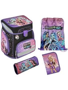 Училищен комплект на тема Monster High, включващ ученическа раница Undercover Monster High, чанта с шнур, моливник и портфейл - всички с цветни илюстрации на любимите ви герои. Предлага се в книжарница Orange!.