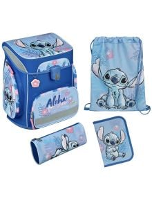 Четирикомпонентен син ученически комплект Undercover Lilo &amp; Stitch от книжарница Orange, включващ ученическа раница, чанта с шнур, моливник и папка, украсени с тропически мотиви и флорални акценти.