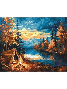 Комплект за лесно рисуване с акрилни бои Ideyka - Нощ в гората (40x50 см): Платно с подрамка с есенна гора, оранжеви дървета, планини, спокойно езеро и светеща палатка под пъстро залезно небе.