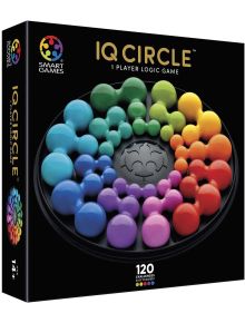 Кутия за IQ Circle логическа игра от Smart Games, показваща цветни, свързани помежду си кръгли фигури, подредени в спирала на черен фон. Предлага се в книжарница Orange; за възрасти 14+ и включва 120 предизвикателства.