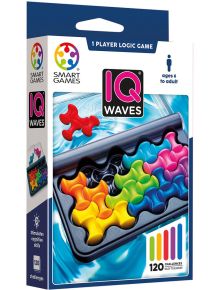 Кутия на логическа игра Smart Games: IQ Waves с цветни части в черна тава, етикет с 120 предизвикателства-идеален избор за развитие на логическо мислене при деца и възрастни над 6 години.