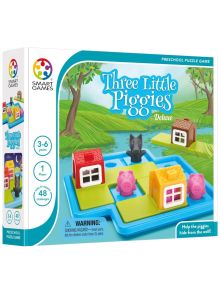 Кутията на логическата игра Smart Games: , Deluxe съдържа прасенца и къщички върху синьо-зелена дъска, с фигура на вълк; пъзел за деца 3-6 г., 1 играч, 48 предизвикателства.