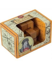 Мини 3D дървен пъзел Professor Puzzle Great Minds от серията "Велики мислители" с портрет, скици и ръкопис на Леонардо да Винчи в декоративна кутия. Частите на пъзела се виждат през прозрачен прозорец.