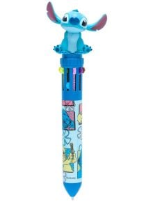 Многоцветна химикалка Grupo Erik Stitch, 10 цвята, с 3D фигура на Стич и син корпус с цветни илюстрации-идеален Дисни подарък! Плъзгачите позволяват лесен избор на желания цвят мастило.