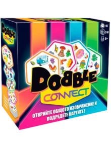 Кутията за Настолна игра: Dobble Connect, цветна игра за 2-8 играчи на възраст над 8 години, показва карти с уникални символи и руски текст, които са обрамчени с неонови линии. Задължителна игра за любители на настолни игри!.