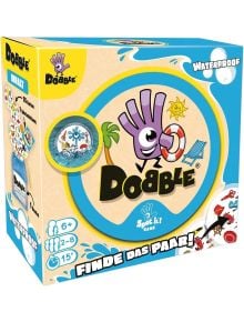 Настолна игра: Dobble Waterproof, водоустойчива – семейна игра в синя и жълта кутия с анимирана ръка, плажен дизайн и надпис FINDE DAS PAAR! Подходяща за деца на възраст 6+ години, за 2–8 играчи, с продължителност на играта 15 минути. Комплектът съдържа в