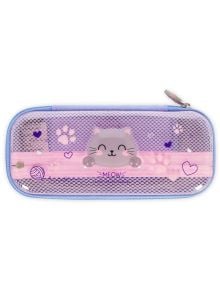 Несесер Legami WonderWow - Kitty е правоъгълен, пастелно лилав калъф с мрежеста предна част, усмихнато лице на карикатурна котка, отпечатъци от лапички, сърчица, топче прежда и "MEOW" - идеален за ученически аксесоари. Разполага с цип отгоре.