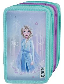 Пълен ученически несесер Scooli Frozen с три отделения, модел 2024 - декориран в синьо и лилаво с Елза от "Замръзналото кралство", снежинки и ледени мотиви, с марката Scooli на етикет.