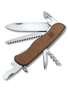 Victorinox Forester Wood Швейцарски джобен нож с дървена дръжка и множество инструменти за отваряне, включително острие, трион, отварачка за бутилки, отварачка за консерви, плоска отвертка, коркова тапа и разпъвачка.