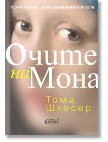 Корица на книга с близък план на очите на Мона Лиза на фона на "Очите на Мона" - роман на Тома Шлесер, издаден от Колибри - всичко това на български език.