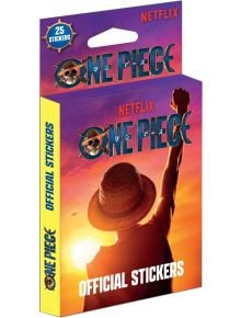 Кутия с One Piece Multipack стикери с 25 официални стикера на Netflix, изобразяващи силует на герой със сламена шапка, вдигнал юмрук по залез слънце - идеални за всяка One Piece колекция.
