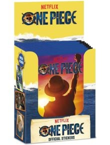 Кутията за One Piece стикери, 5 бр., съдържа логото на сериала, герой, вдигнал юмрук при залез слънце, и странични изображения на други герои от One Piece колекция.