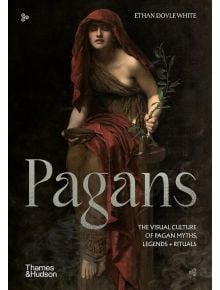 Корица на книгата "Pagans: Визуалната култура на езическите митове, легенди и ритуали" е изобразена жена в класическа роба с червен воал, която държи клонка с листа, седнала върху камък, отразяващ богатството на езическата култура.