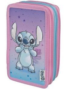 Пълен ученически несесер Scooli Lilo & Stitch с три отделения, модел 2026 - виолетов, със Стич и звезди, розов и син цип, брандиран с логото Scoozi; идеален за всички ваши училищни материали.