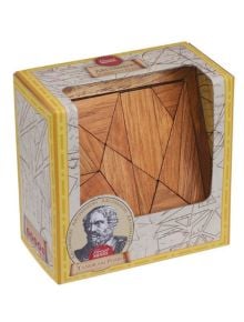 Дървен 3D пъзел Professor Puzzle Great Minds - Танграмът на Архимед в жълто-бяла кутия с рисунка на брадат мъж, етикет "Archimedes Tangram Puzzle" и прозорец, показващ логическите части вътре.