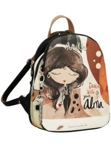 Стилна дамска Раница Anekke Alma 24 х 30 х 12 см с илюстрирано момиче с дълга тъмна коса, затворени очи, червена роза и надпис Dance with your alma, плюс ключодържатели висулки на ципа.