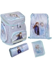 Светлолилав училищен комплект Undercover Frozen с ученическа раница, чанта с шнур, моливник и папка от книжарница Orange, украсени с Елза и Анна в зимни мотиви.