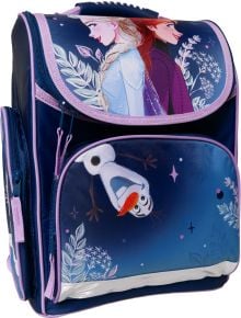 Тъмносиня ученическа раница от Scooli Frozen, налична в книжарница Orange, с Елза, Анна и Олаф с флорални мотиви и светлолилави акценти върху циповете и каишките.
