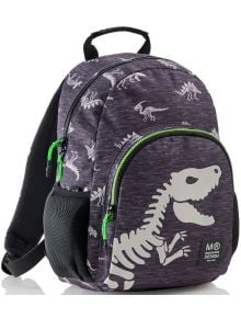 Сив Раница Miquelrius T-Rex с бели щампи на скелети на динозаври, с акценти от зелен цип, странични джобове от черна мрежа и преден джоб с дизайн на скелет и етикет MR Design. Предлага се в книжарница Orange.