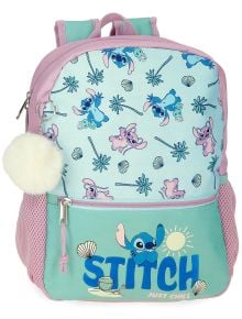 Раница Stitch в пастелносиньо и розово с тропически мотиви, пухкав бял ключодържател и надпис "STITCH"/"Just Chill". Поръчай от книжарница Orange с бърза доставка.