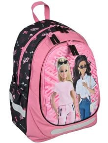 An ергономична ученическа раница Undercover Barbie, в розово и черно, с изображения на две кукли Барби отпред-едната с дълга руса коса и розов тоалет, другата с тъмна коса, слънчеви очила и дънки. Предлага се в книжарница Orange.