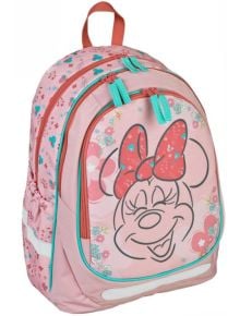 Розова ергонична ученическа раница от Undercover Minnie Mouse с тюркоазени ципове, флорални мотиви и голям контур на Мини Маус с червена панделка с бели точки - предлага се в книжарница Orange.