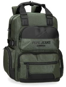 Зелена раница Pepe Jeans Bromley от книжарница Orange, с множество отделения с цип, черни акценти, лого отпред, странични джобове и подплатени презрамки. Идеална за раница за лаптоп.