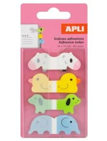 Пакетът Самозалепващи индекси Apli Happy Idex Animales Rosa включва сладки табове с форма на животни - бяло куче, жълта котка, оранжева патица и син слон - идеални за детски индекс разделители на розов фон.