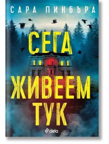 На обложката на "Сега живеем тук" е изобразена страховита къща със светещи червени прозорци, тъмни дървета и летящи гарвани. Заглавието загатва за свръхестествени тайни, като името на автора Сара Пинбъра е изписано на видно място в горната част.