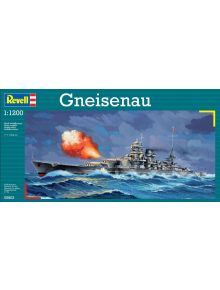 Кутията на сглобяемия модел Боен кораб Gneisenau показва кораба в бурно море, докато стреля с оръдията си, с драматични облаци и пламъци на заден план.