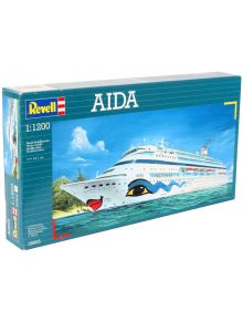 Кутия на сглобяем модел Revell - Круизен кораб AIDA 16.1 см, пластмасов макет с ярки устни и очи на носа, изобразен до тропически бряг.